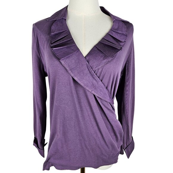 Nic + Zoe Top Medium Purple Ruffled Wrap Long-Sleeve Knit Romantic Stretch - Picture 1 of 9